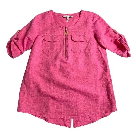 Ellen Tracy Pink Linen Cotton Top S Gold Zip Tassel 3/4 Sleeve Pockets Slit Back - Picture 16 of 16